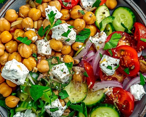 Chickpea Greek Salad with Tzatziki Dressing: A Veggie Protein Delight