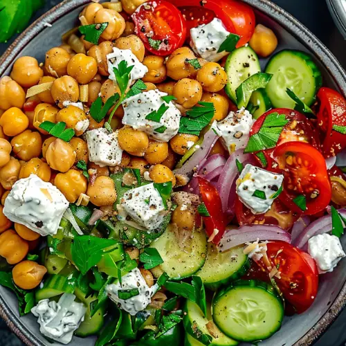 Chickpea Greek Salad with Tzatziki Dressing: A Veggie Protein Delight