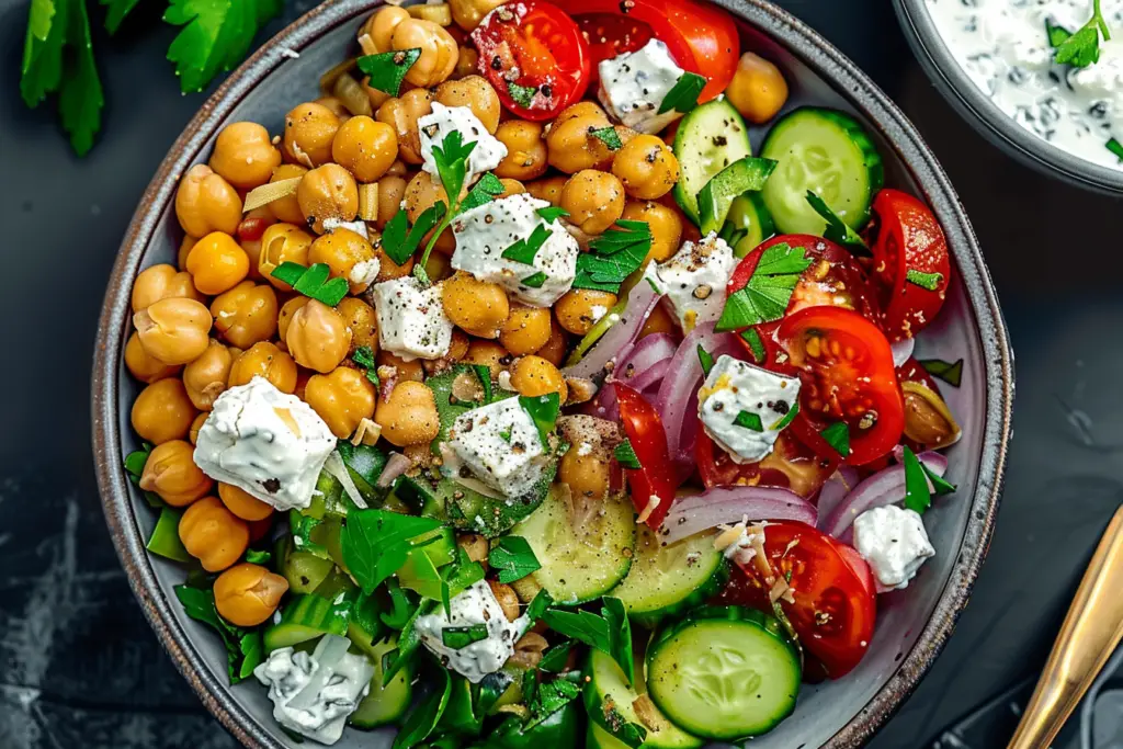 Chickpea Greek Salad with Tzatziki Dressing: A Veggie Protein Delight -receipster.com