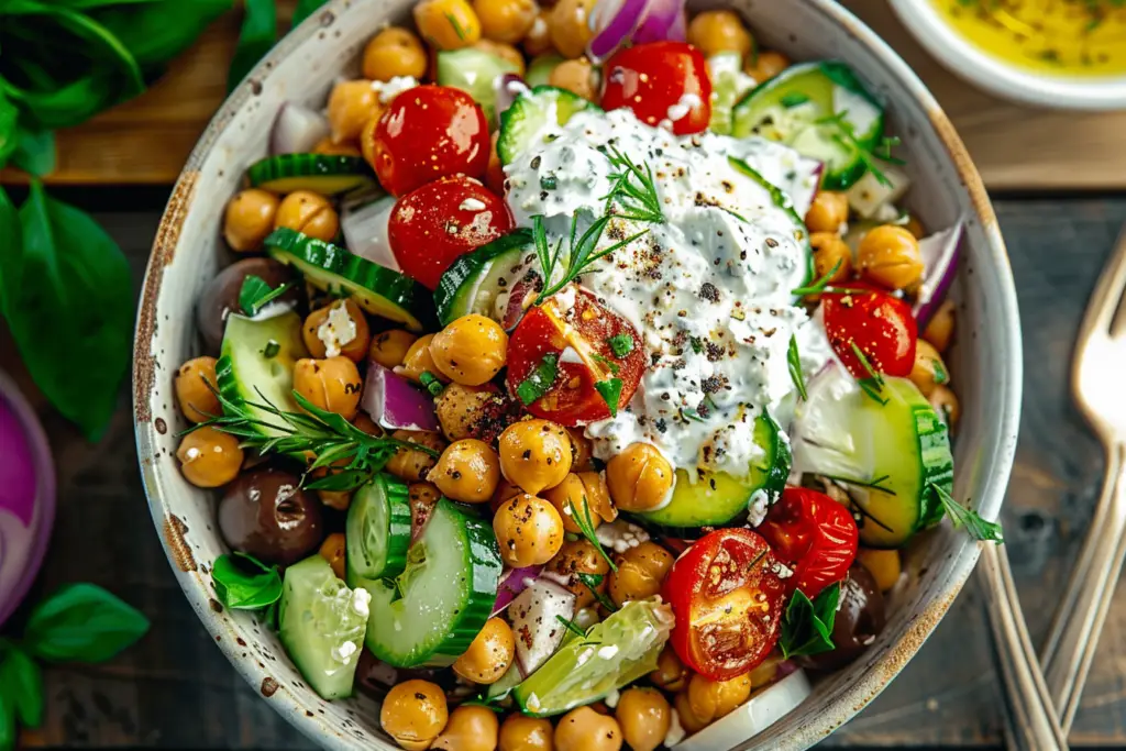 Chickpea Greek Salad with Tzatziki Dressing: A Veggie Protein Delight -receipster.com