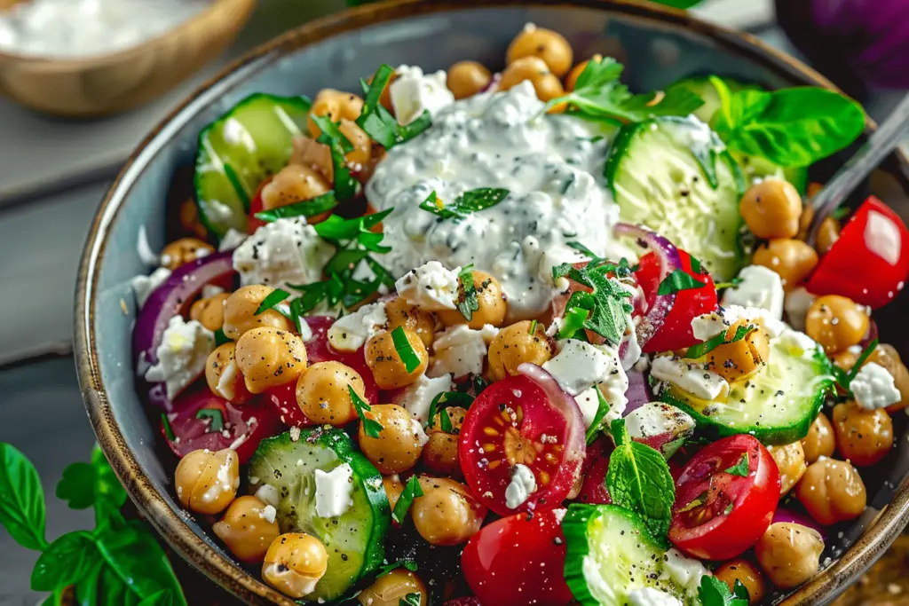 Chickpea Greek Salad with Tzatziki Dressing: A Veggie Protein Delight -receipster.com