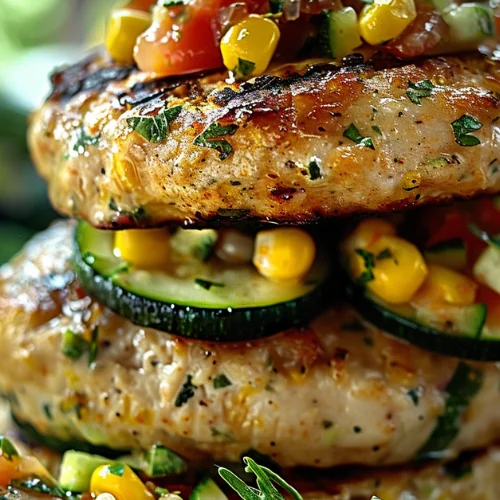 Chicken, Zucchini, and Fresh Corn Burgers with Tomato-Cucumber Relish