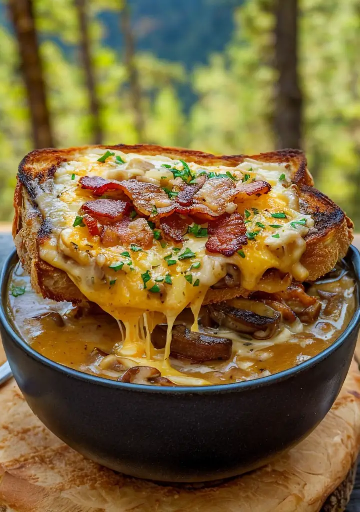 Irresistible Mushroom and Caramelized Onion Soup with Cheesy Bacon Toasties