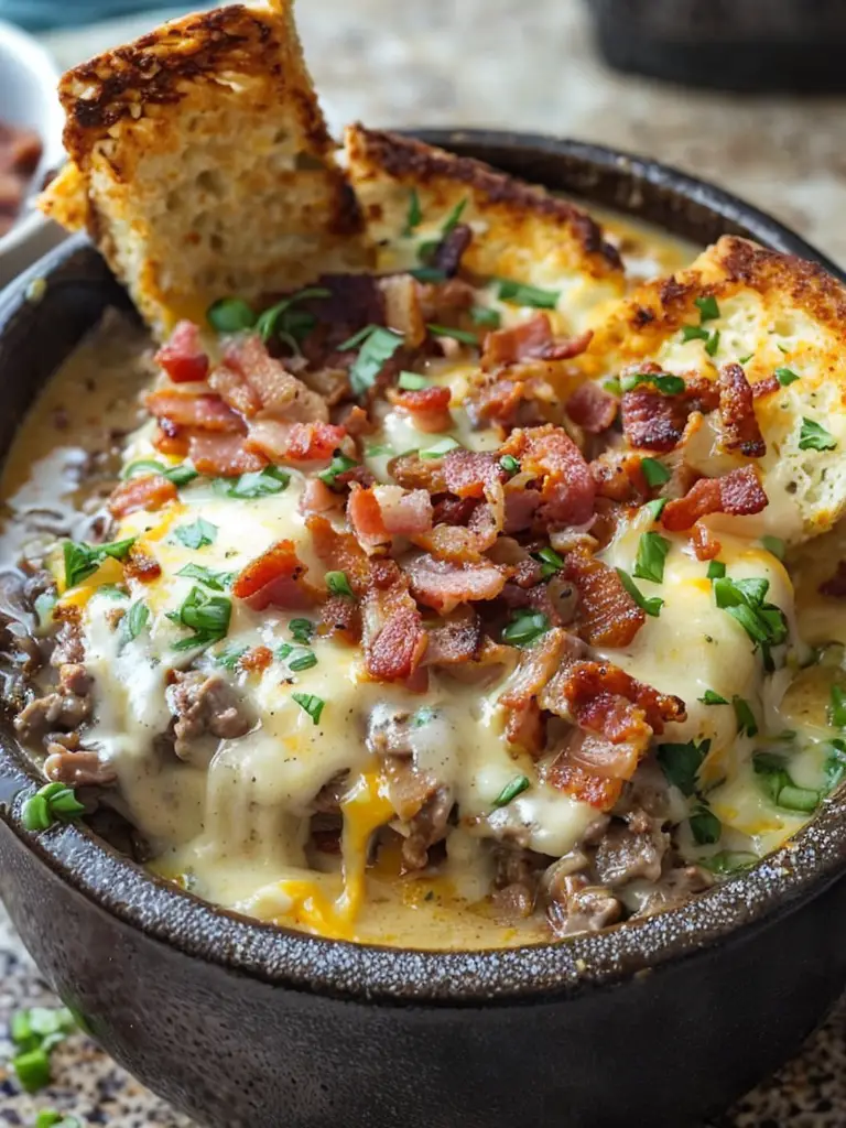 Delicious One-Pot Philly Cheesesteak Soup with Bacon Toast Recipe