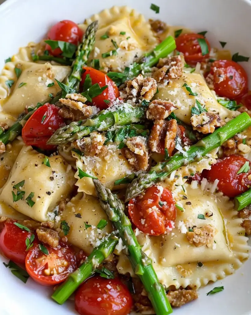 Delicious Ravioli with Fresh Tomatoes, Asparagus, Garlic, and Herbs