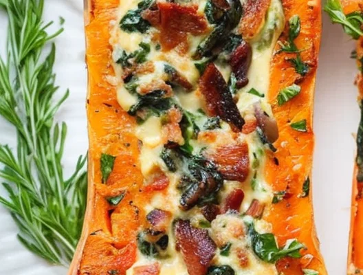 Delicious Stuffed Butternut Squash with Spinach, Bacon, and Cheese Recipe