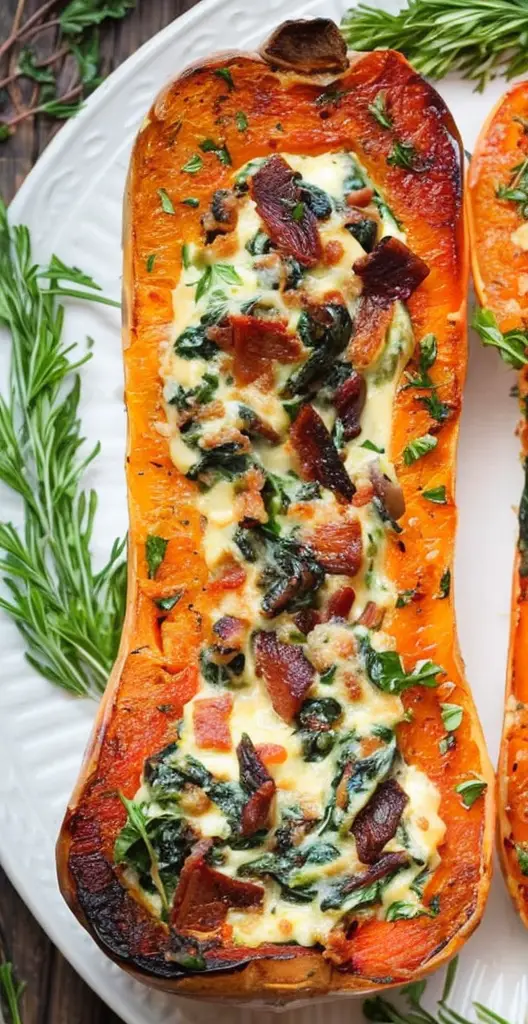 Delicious Stuffed Butternut Squash with Spinach, Bacon, and Cheese Recipe