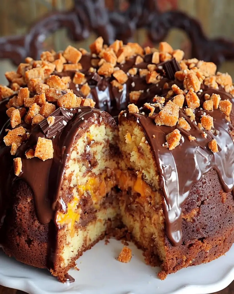 Decadent Butterfinger Bundt Cake with Luscious Chocolate Drizzle