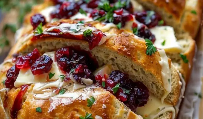 Ultimate Garlic Herb Sourdough Bread Stuffed with Brie and Cranberry Sauce – Family Favorite