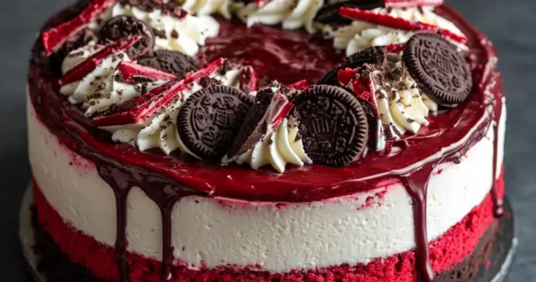 Indulge in Decadent Red Velvet Oreo Cheesecake with Chocolate Ganache