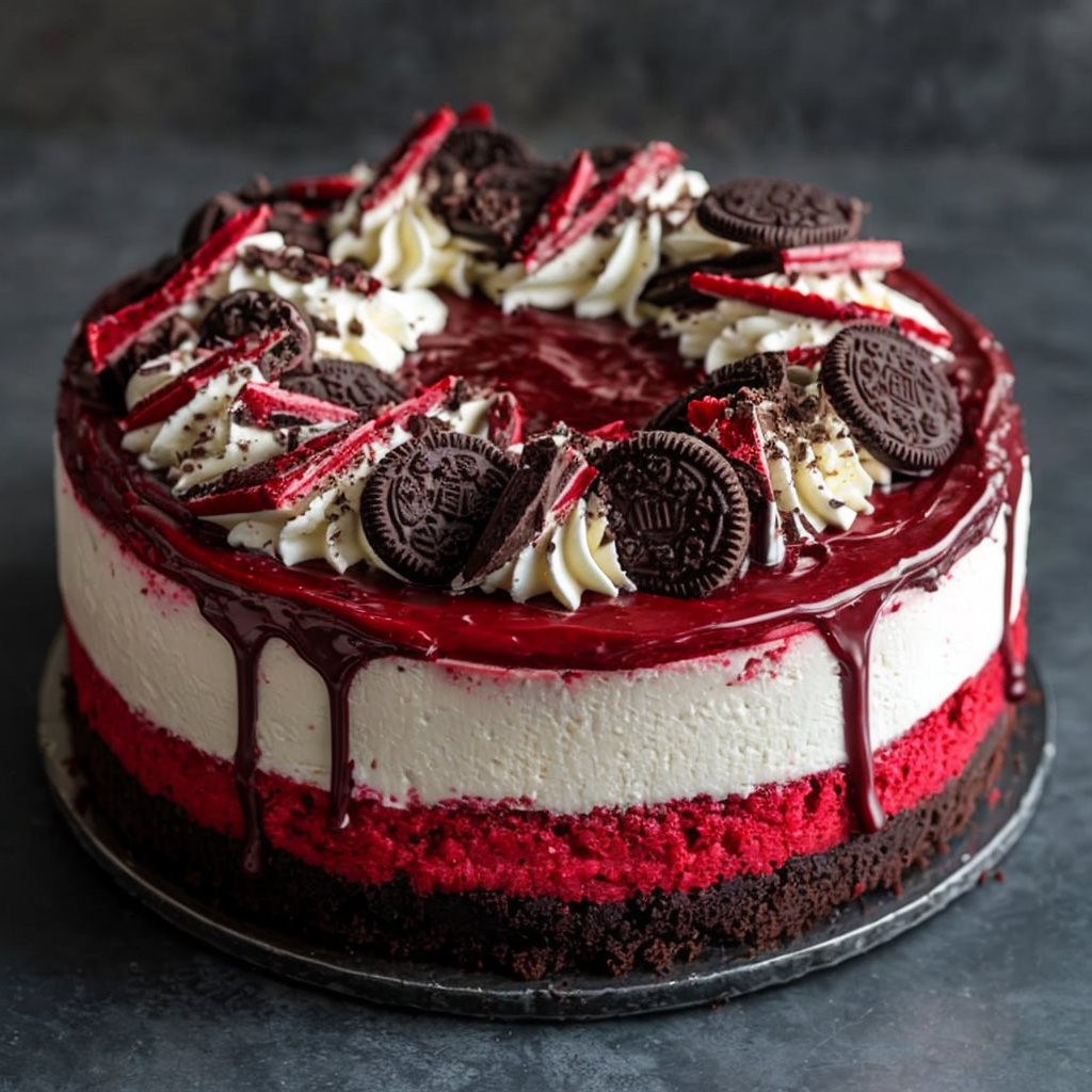 Indulge in Decadent Red Velvet Oreo Cheesecake with Chocolate Ganache