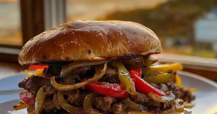 Ultimate Philly Cheesesteak Burger with Sautéed Peppers, Onions, and Provolone – Quick and Delicious