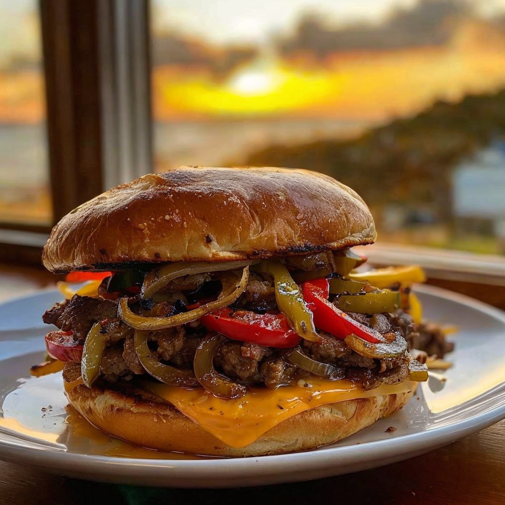 Ultimate Philly Cheesesteak Burger with Sautéed Peppers, Onions, and Provolone – Quick and Delicious