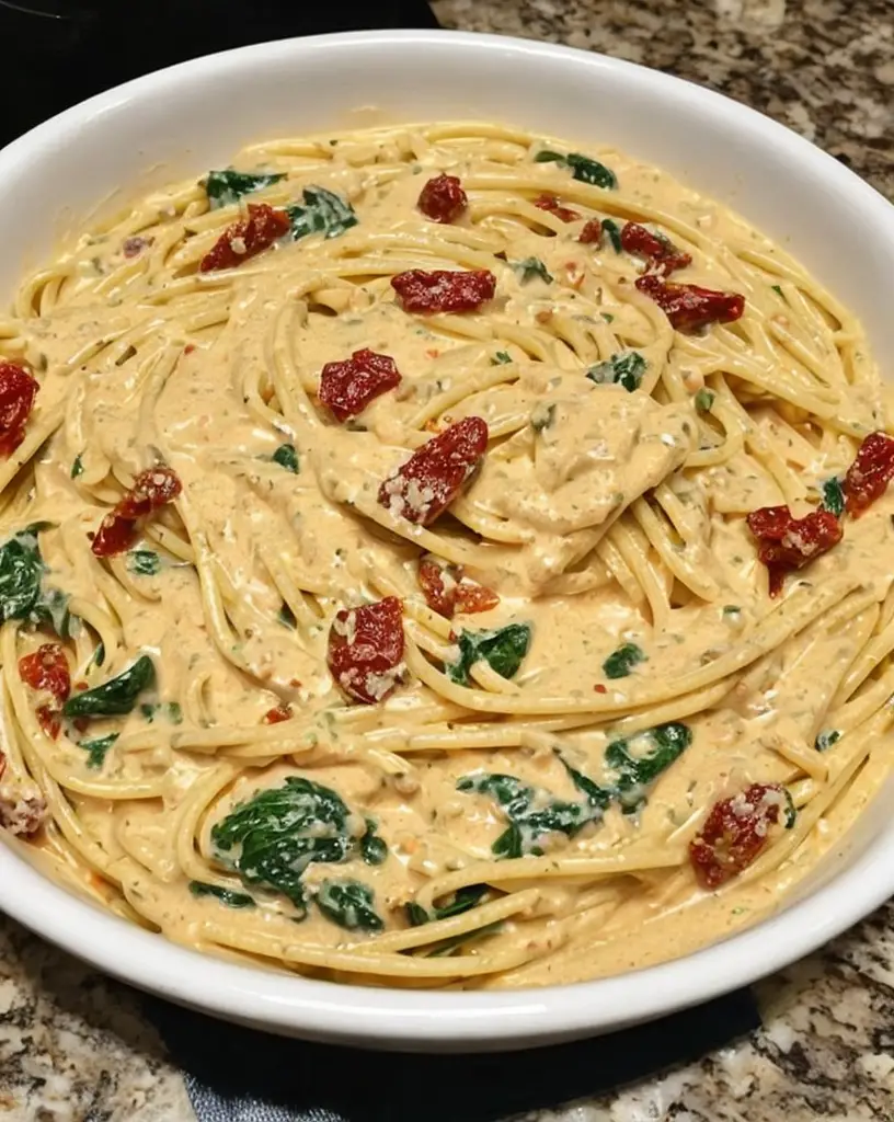 Delicious Spaghetti & Spinach in Sun-Dried Tomato Cream Sauce