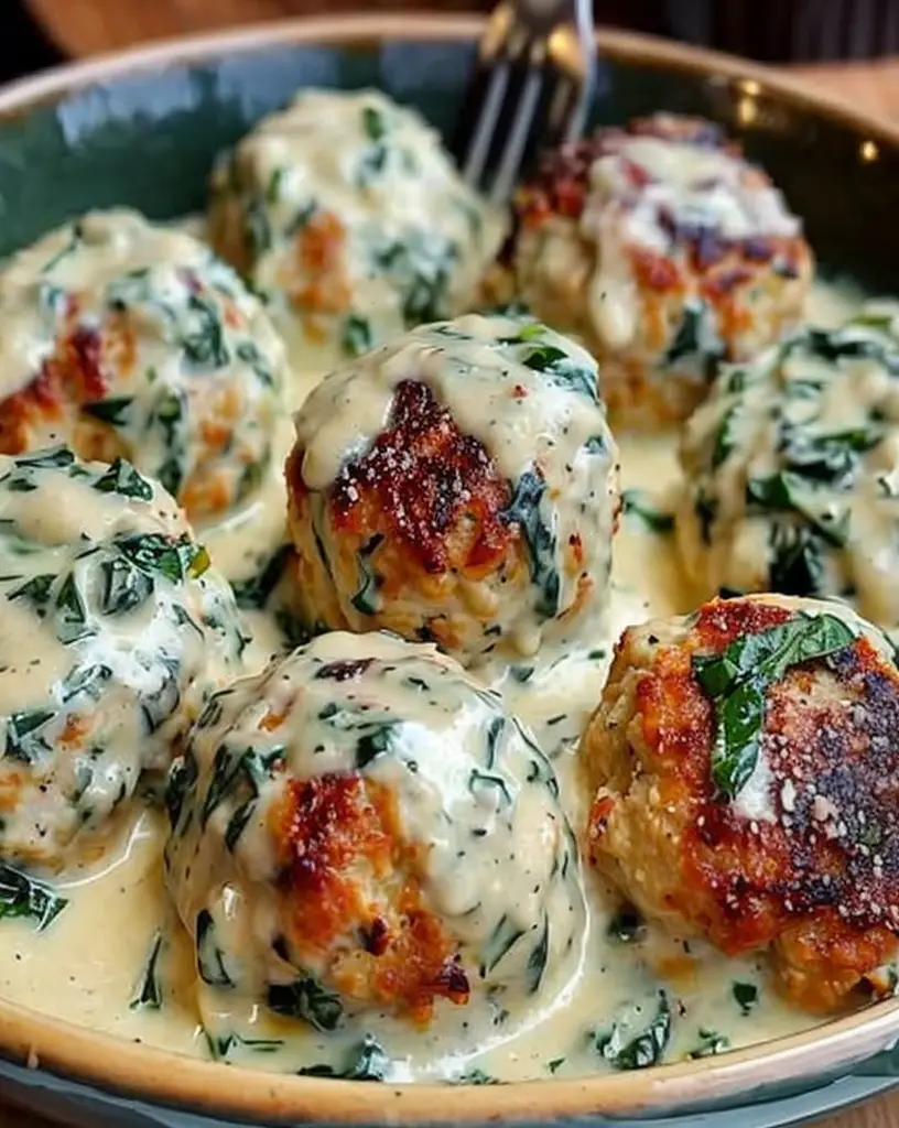 Easy Chicken Ricotta Meatballs with Spinach Alfredo Sauce (Ready in 30 Minutes)